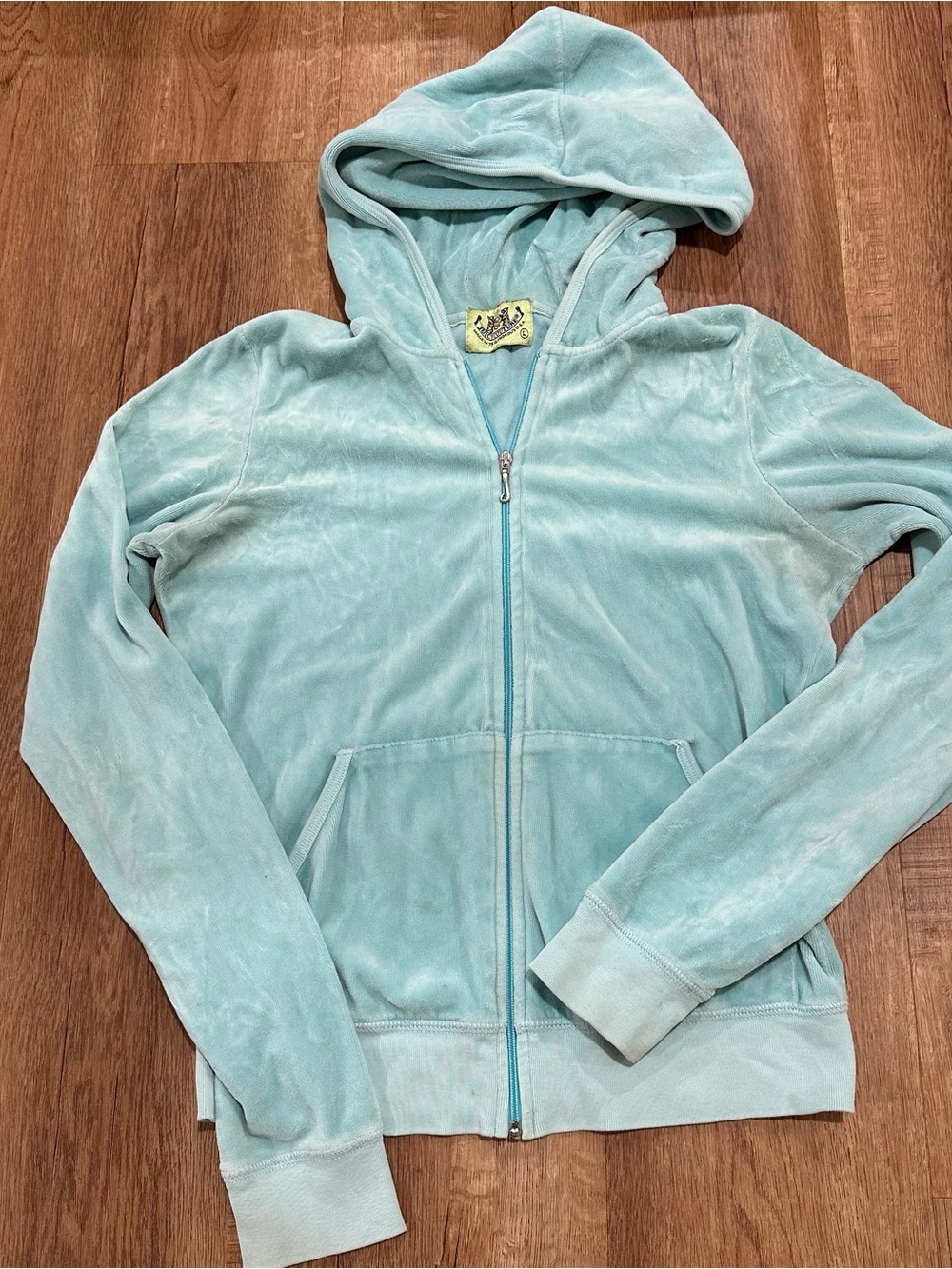 2002 Juicy Couture Hooded Zip Jacket - Light Aqua Turquoise Sweater Y2K Juicy